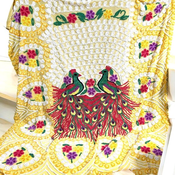 Vintage Other - Vintage Boho Hippie Chic Yellow Chenille Peacock Bedspread King